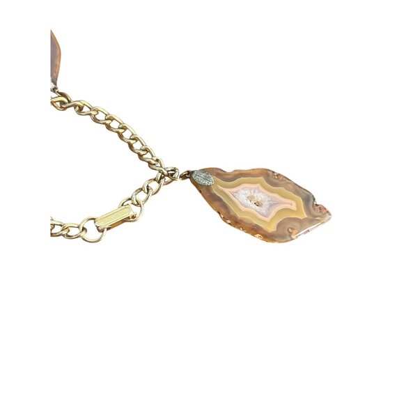 Vintage Agate Stone Slab Charm Bracelet Gold Tone Chain Fold Over Clasp 6.75" - Picture 4 of 6
